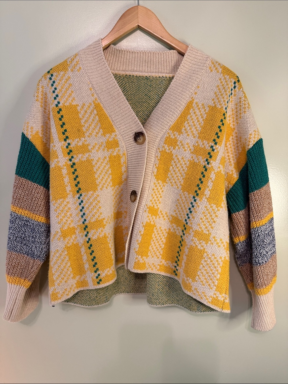 Women’s Yellow Cable Knit Cardigan Embroidered Open Front Long Sleeve One Size